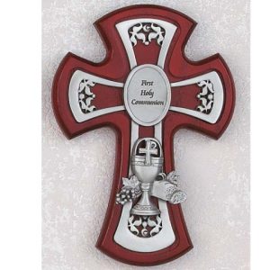 CHERRY STAINED CROSS WITH PEWTER CHALICE Communion CROSS