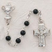BLACK GLASS IRISH COMMUNION ROSARY WITH PEWTER CHALICE OR SACRED HEART