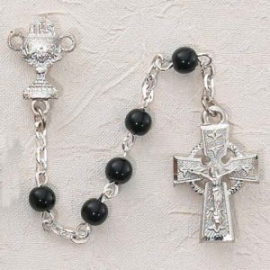 BLACK GLASS IRISH COMMUNION ROSARY WITH PEWTER CHALICE OR SACRED HEART