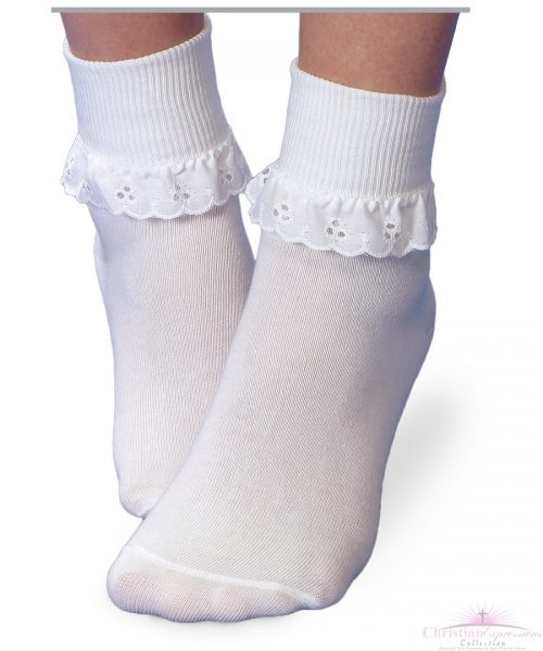 Girls White First Communion Anklets with Crochet Trim