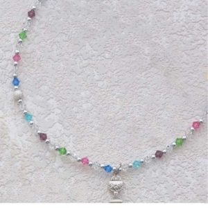 MULTI COLOR TIN CUT CRYSTAL NECKLACE WITH RHODIUM CHALICE OR MIRACULOUS