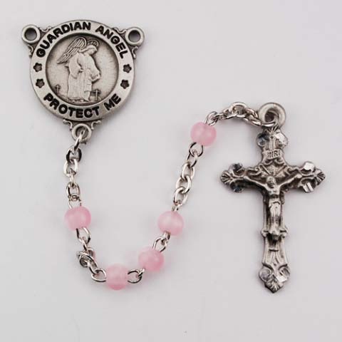 Pink Guardian Angel First Communion Childrens Rosary Beads