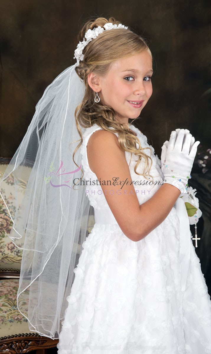 First Communion Wreath Veil with Satin Flowers