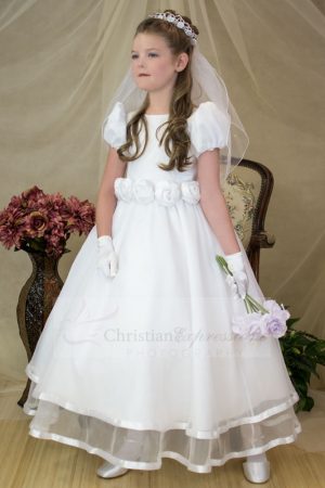 Organza Overlay First Communion Dress with Three Quarter Sleeves