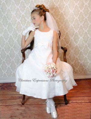 organza overlay accented with pearl and sequin appliques
