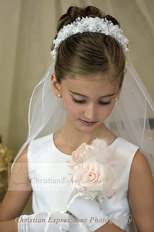 First Communion Crown Veil with Pearls and Satin Flowers Buy First